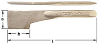 Two views of a bronze metal drum opener with a wide L-shaped, meat cleaver like blade.  Top view displays its thin profile, while the bottom image shows a broader, flat edge with the handle facing right. AMPCO is stamped on the handle.